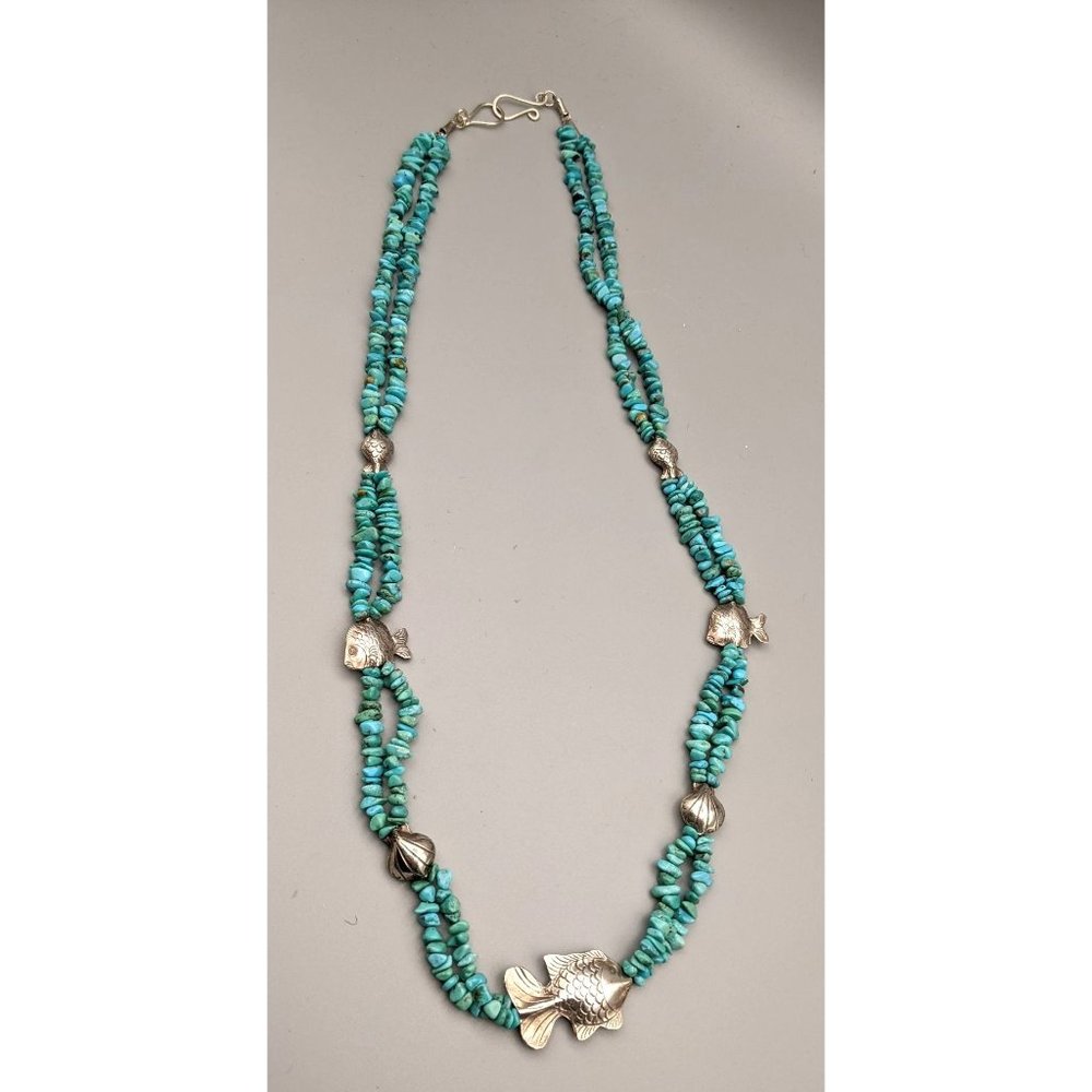 Artisan Made 925 Sterling Silver Fish Turquoise Chip Double Strand Necklace 30"